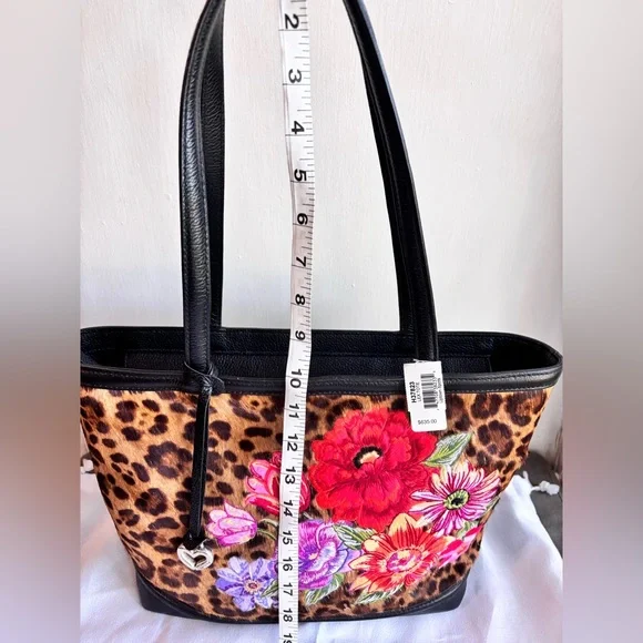 NWT Brighton Leopard Lex Tote Uptown Spots Black Leather Embroidered Flowers - Picture 3 of 15